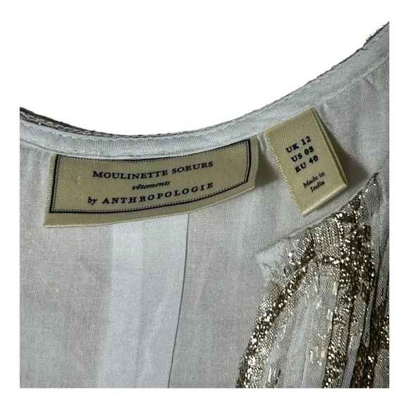 1886. ANTHROPOLOGIE MOULINETTE SOEURS SKLER SHINE‎ BLOUSE TANK GOLD EMBROIDERY - Picture 8 of 12